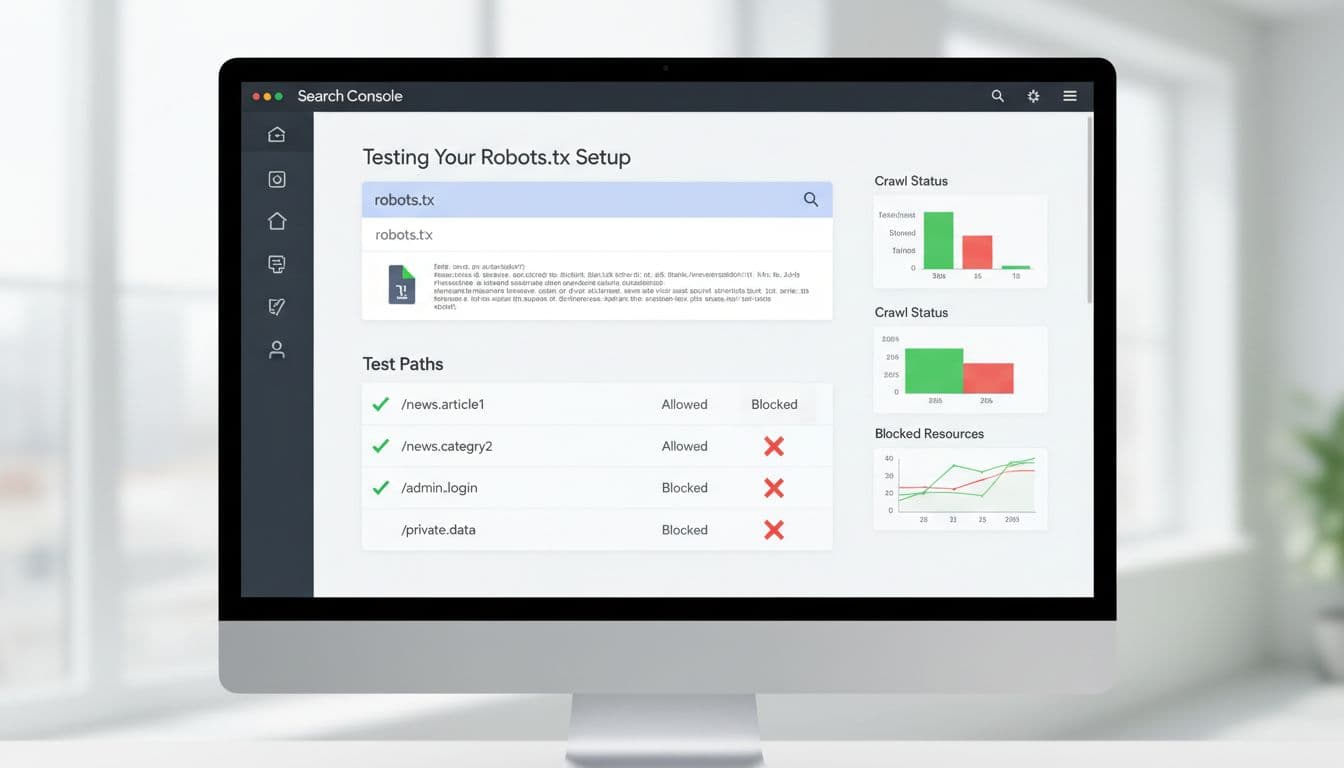 Desktop computer screen in a bright office displaying a robots.txt testing tool like Google Search Console, with green checkmarks on allowed news paths and red X on blocked admin areas, modern clean UI with charts.