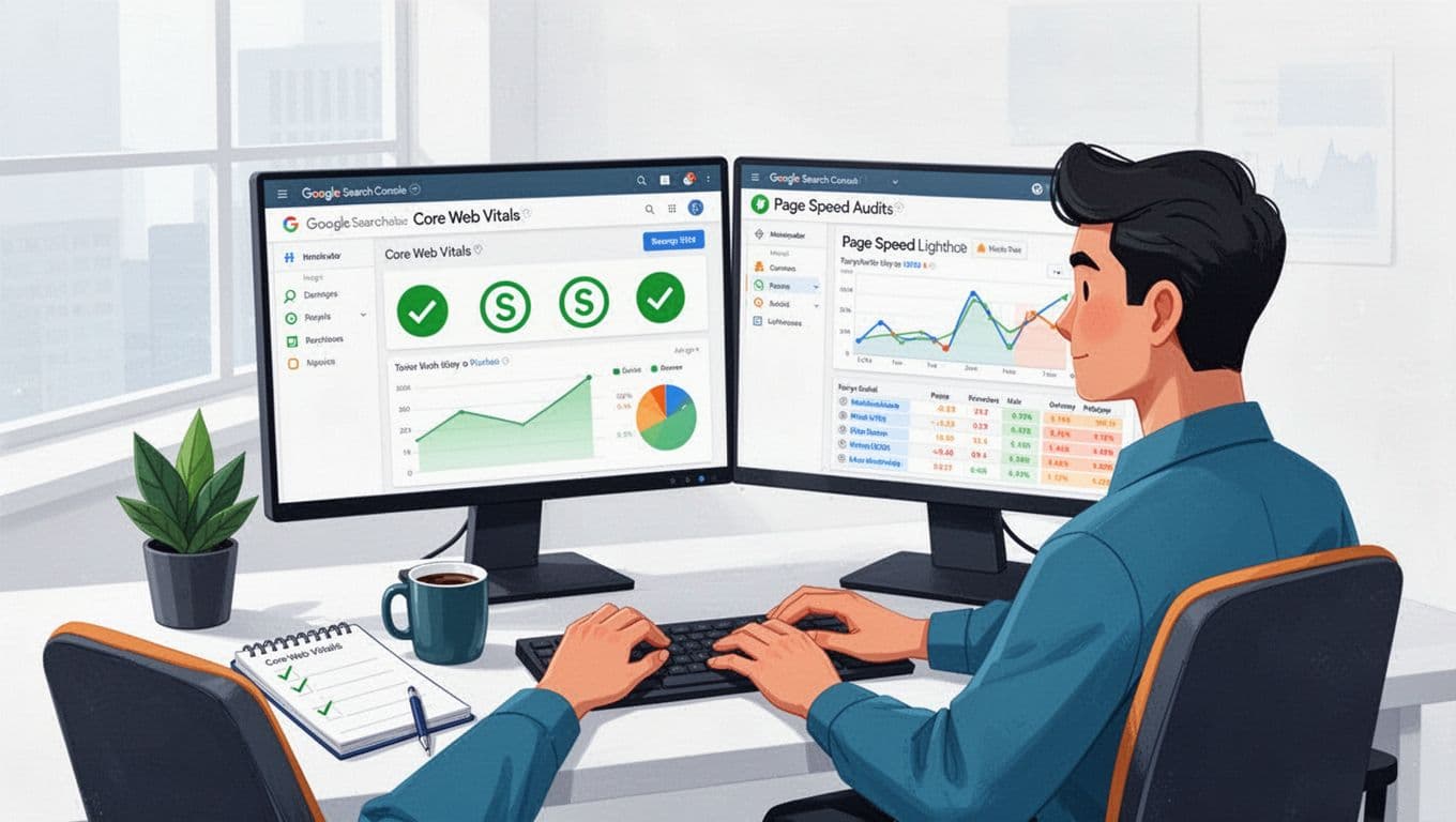 A clean, modern flat design illustration depicts a marketer at a desk with dual monitors showing Google Search Console Core Web Vitals report with green pass icons and a Lighthouse page speed audit. The setup includes a notebook checklist, coffee mug, plant, and a roomy office with window light.