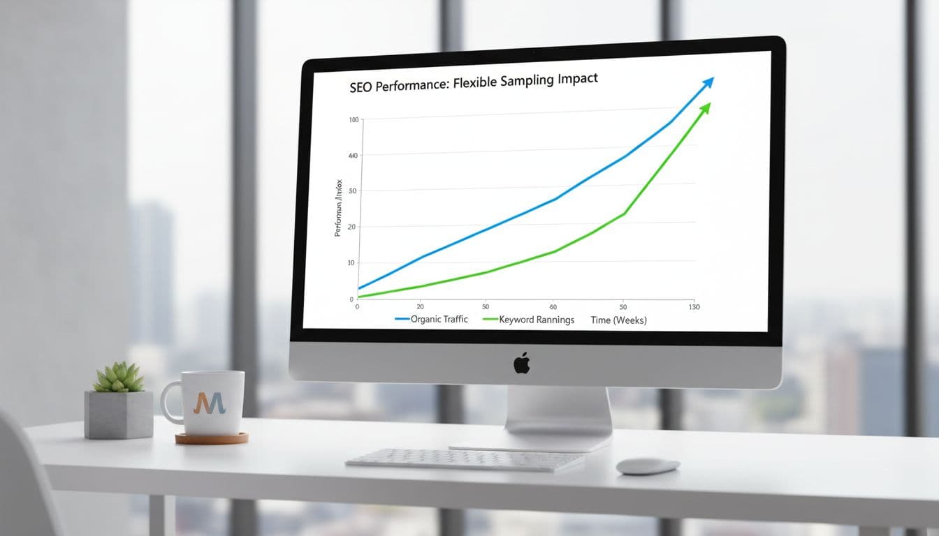 Graph chart on a computer monitor displays upward trending SEO metrics for traffic and rankings on a paywalled site after flexible sampling implementation. Bright modern workspace with coffee mug, photorealistic vibrant daylight, landscape view emphasizing screen data.