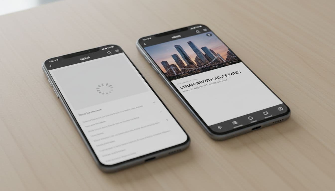 Side-by-side modern mobile phones on a desk: left shows slow-loading news article with blank hero image and spinner; right displays fast-loaded crisp cityscape hero image with rendered headlines. Realistic angled phones in soft office lighting, high detail, no readable text or extra objects.