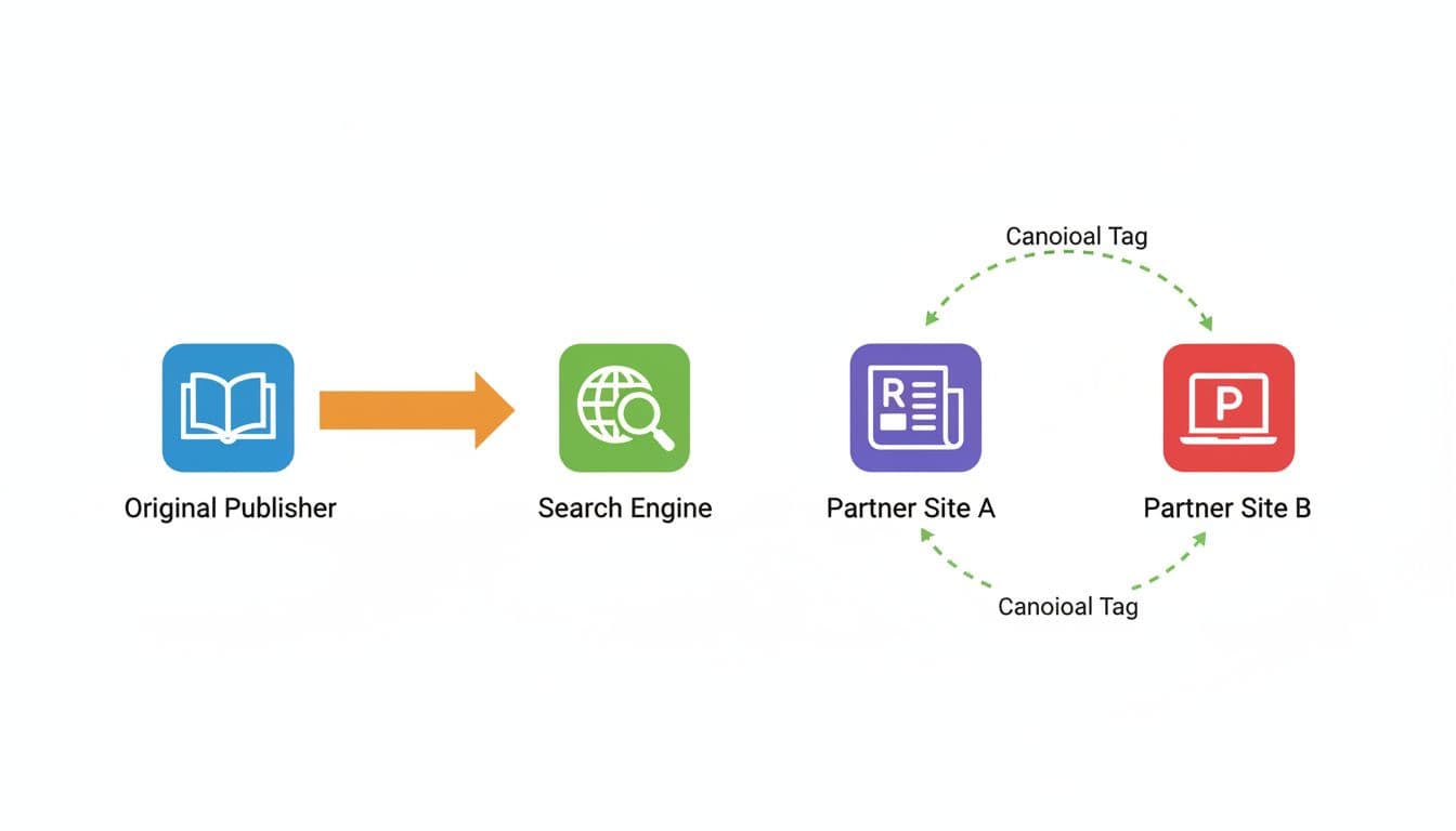 Clean vector diagram illustrating the flow of a syndicated news article from original publisher to partner sites, with arrows showing canonical tags pointing back to the original URL. Simple icons for websites and search engine on white background in flat style with bright colors, no text or watermarks.