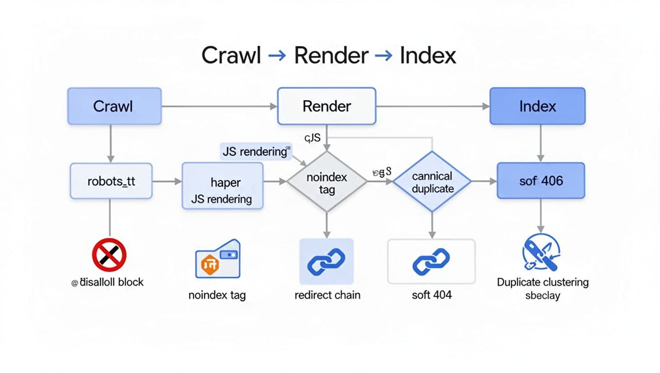 A clean, modern flat vector diagram showing the SEO pipeline from Crawl to Render (with JS note) to Index, including decision nodes for blocks like robots.txt, noindex, canonical duplicates, redirects, soft 404, and duplicate clustering.