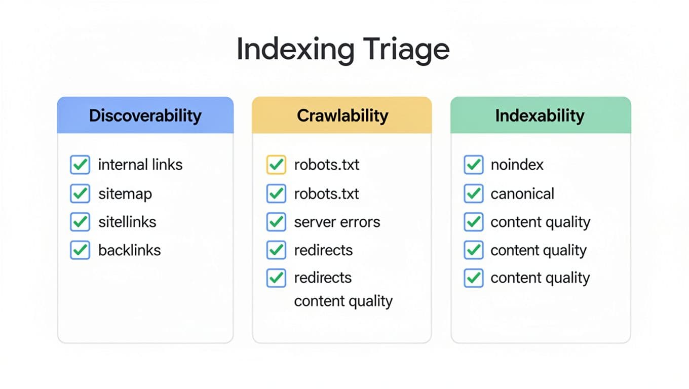 A clean, modern flat vector diagram of an 'Indexing Triage' checklist for technical SEO, divided into three columns: Discoverability, Crawlability, and Indexability, each with bullet points and check icons on a plain white background.