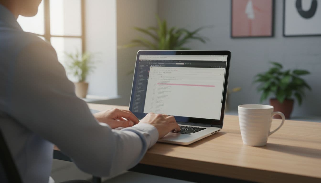 A photorealistic image of a web developer sitting at a desk in a bright office, typing on a laptop with a code editor open to the HTML head section inserting a link rel=canonical tag. The screen is viewed at a slight angle with blurred code, one coffee mug on the desk, soft natural window light, viewed from behind with hands naturally on the keyboard.
