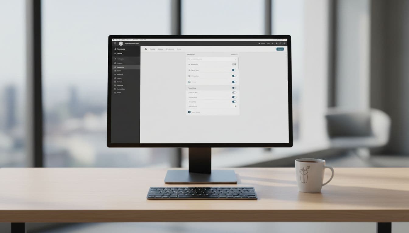 A modern desk setup with a single computer screen displaying the blurred WordPress admin panel open to live blog plugin settings, accompanied by a keyboard and coffee mug under natural daylight.