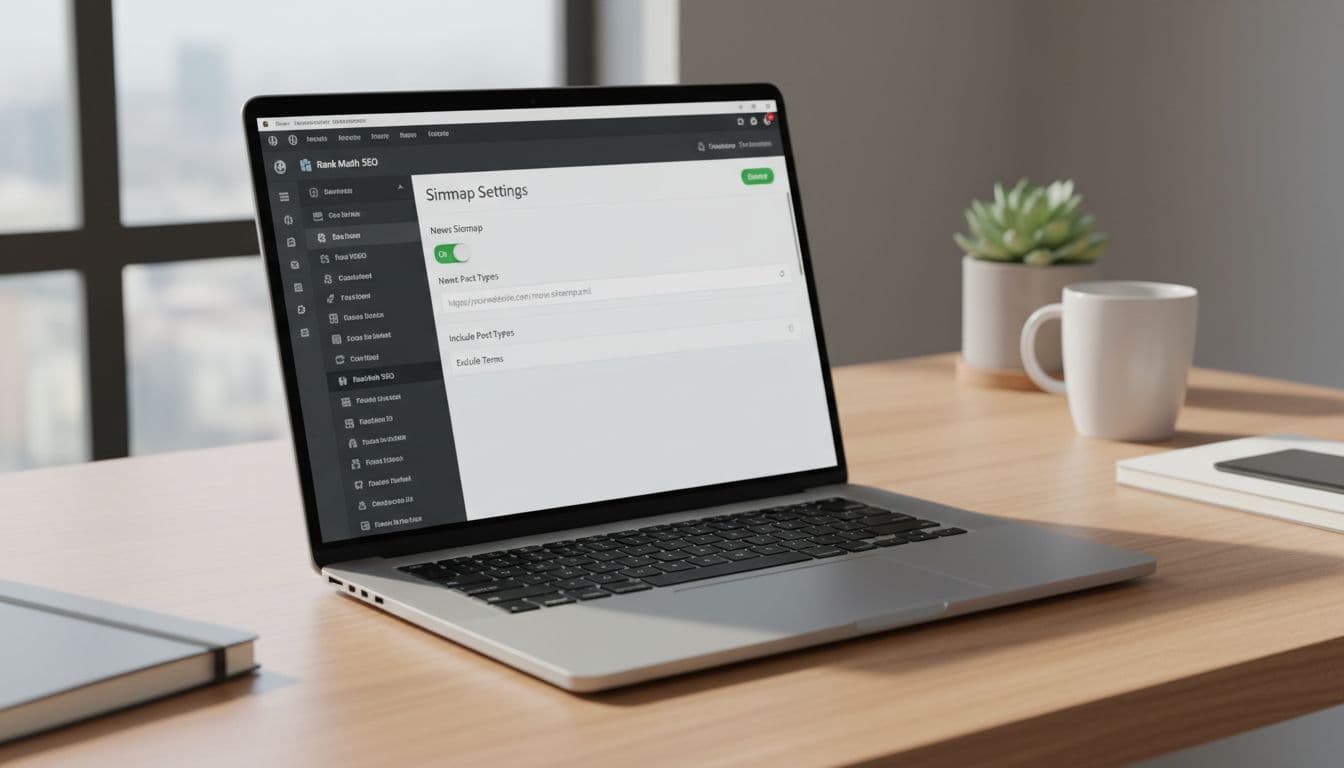 WordPress admin dashboard on a laptop screen showing Rank Math plugin settings for News Sitemap enabled with toggle on and sitemap URL visible, at a slight angle on a modern desk with natural light.
