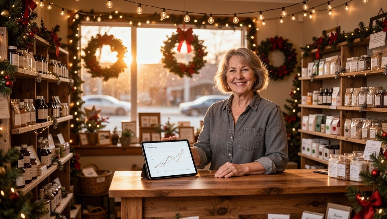 Middle-aged female shop owner smiling behind wooden counter in holiday-decorated retail shop interior with string lights and wreaths, holding tablet showing abstract graph, warm golden hour lighting through window.