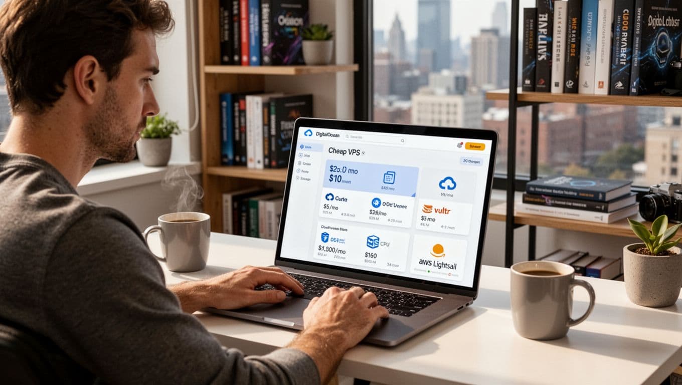 A focused developer sits at a modern desk in a home office, viewing a laptop screen displaying cloud provider dashboards with affordable VPS plans under $10 per month from DigitalOcean, Vultr, and AWS Lightsail. The scene features a coffee mug, tech bookshelves, and a city view window, rendered in realistic style with natural daylight and warm tones.