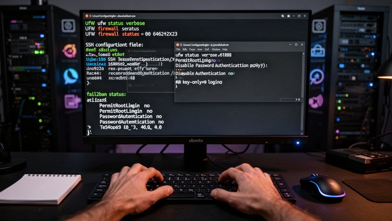 Landscape close-up of a Ubuntu Linux terminal on dark theme displaying UFW firewall status, SSH config in nano for key-only authentication, and fail2ban results in a dimly lit tech workspace with keyboard hands and screen glow.