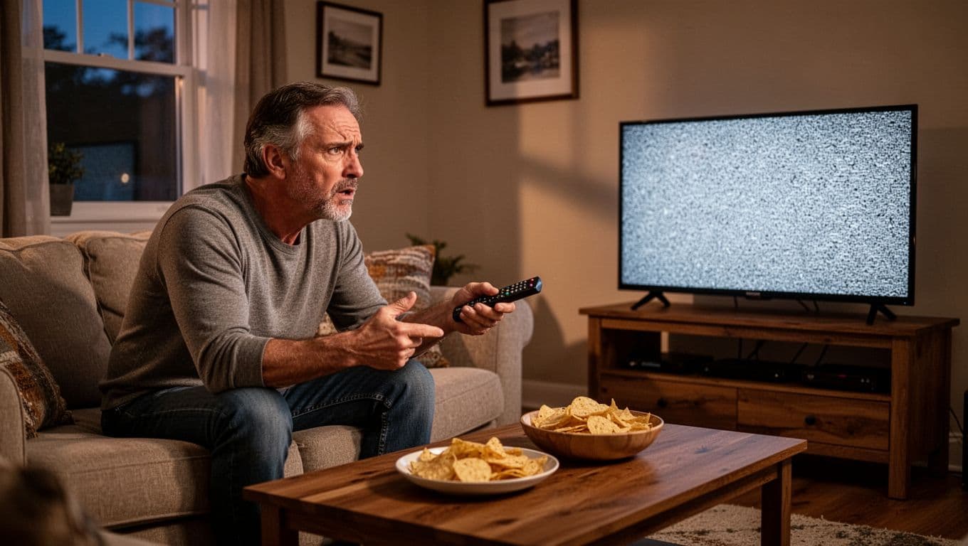 Middle-aged man on couch in cozy living room with frustrated expression staring at blank TV screen showing static, holding remote loosely, evening light and snacks on coffee table.