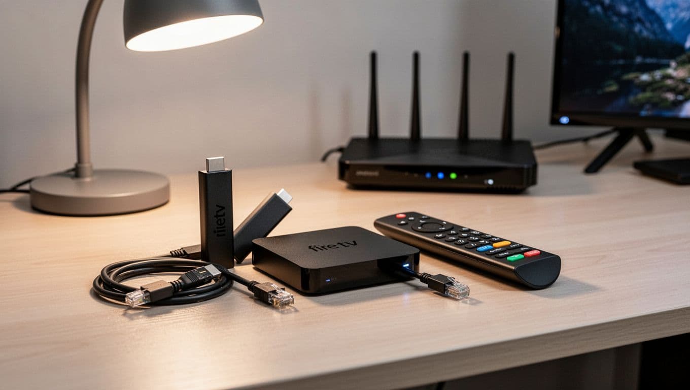 A photorealistic product shot of a desk setup featuring Fire TV Stick, Android TV box, smart TV remote, and Ethernet cable neatly arranged, with router in the background under soft office lighting. No people, hands, text, logos, or watermarks; screens off, full edge-to-edge landscape composition.