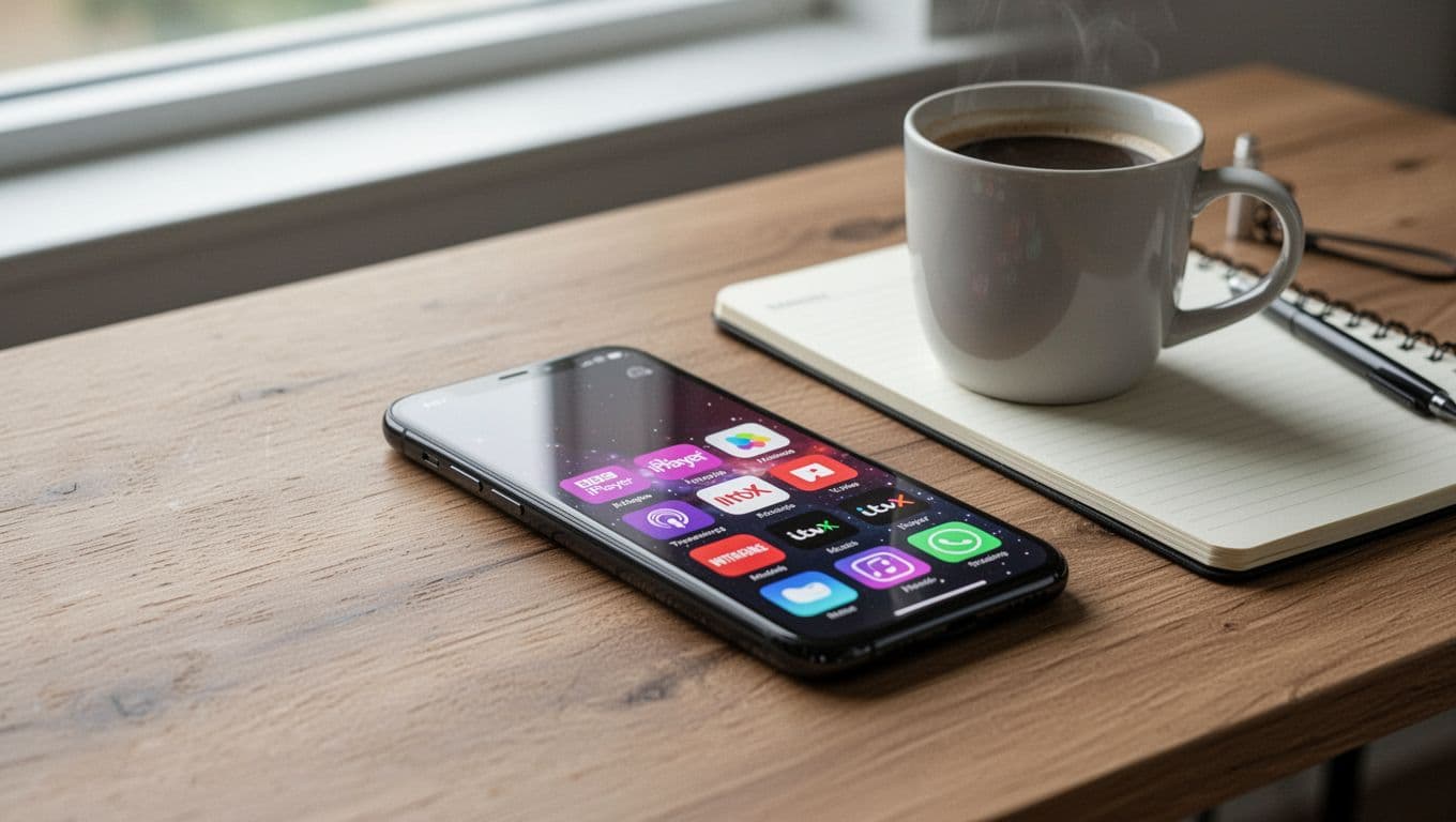 Smartphone lying on a wooden table next to a coffee mug and notebook, screen showing icons for streaming apps in a clean minimalist photorealistic style under natural daylight.