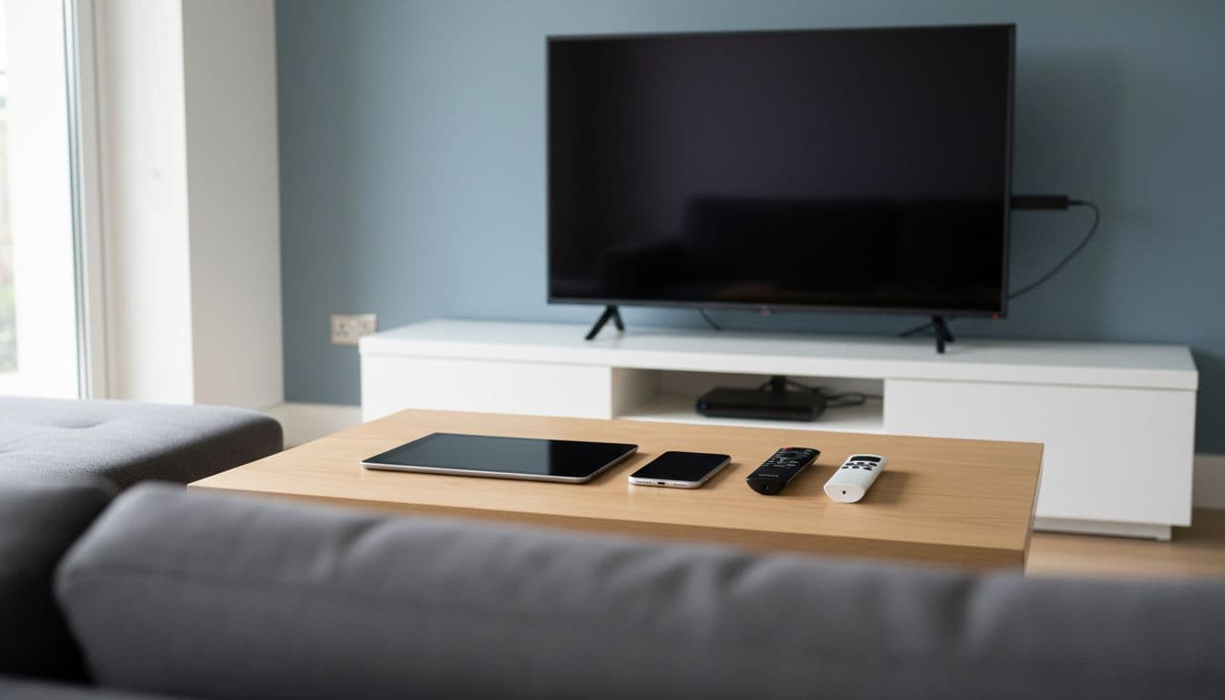 Coffee table in modern UK living room holds Android tablet, iPhone, Roku remote, and Amazon Fire TV Stick, with smart TV in background.