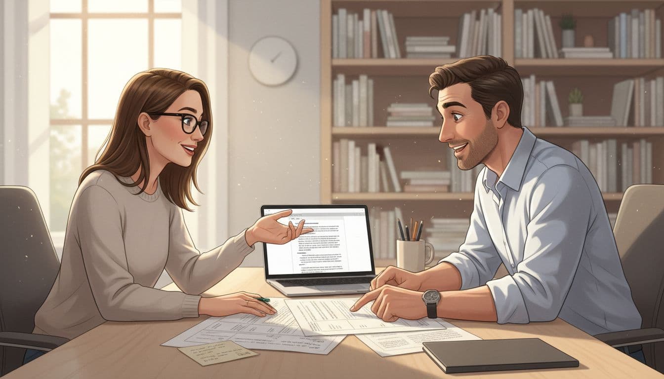 Professional ghostwriter collaborating with an author in a bright home office