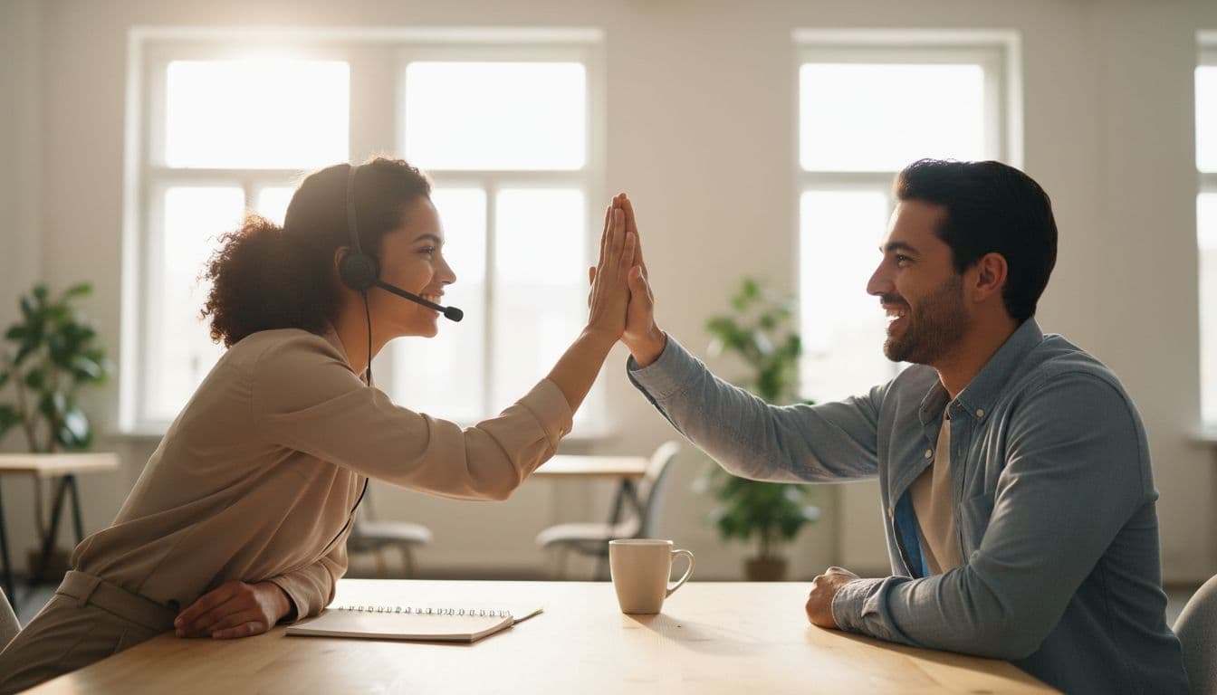Smiling customer service agent leans forward with headset while happy customer high-fives 
