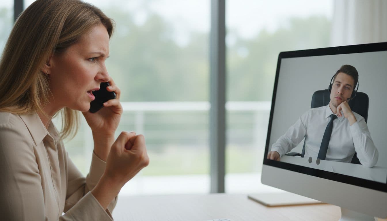 Frustrated customer holds phone to ear, glares angrily at indifferent customer service rep on computer video screen.