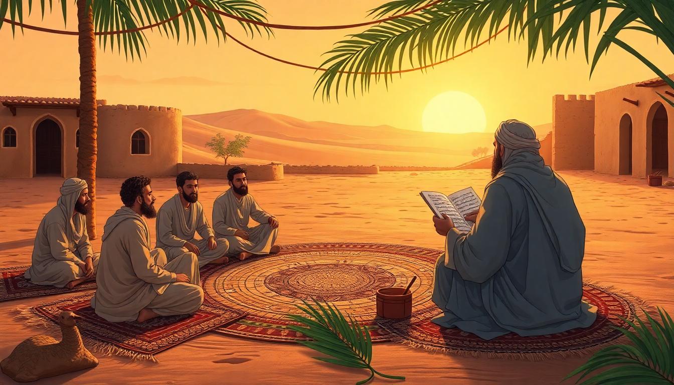 A circle of students gathers around a teacher at dusk in a 7th-century Arabian courtyard, listening to recitation and memorization, with a scribe writing verses on parchment. The warm scene captures the intimacy and purpose of oral preservation. Image created with AI.
