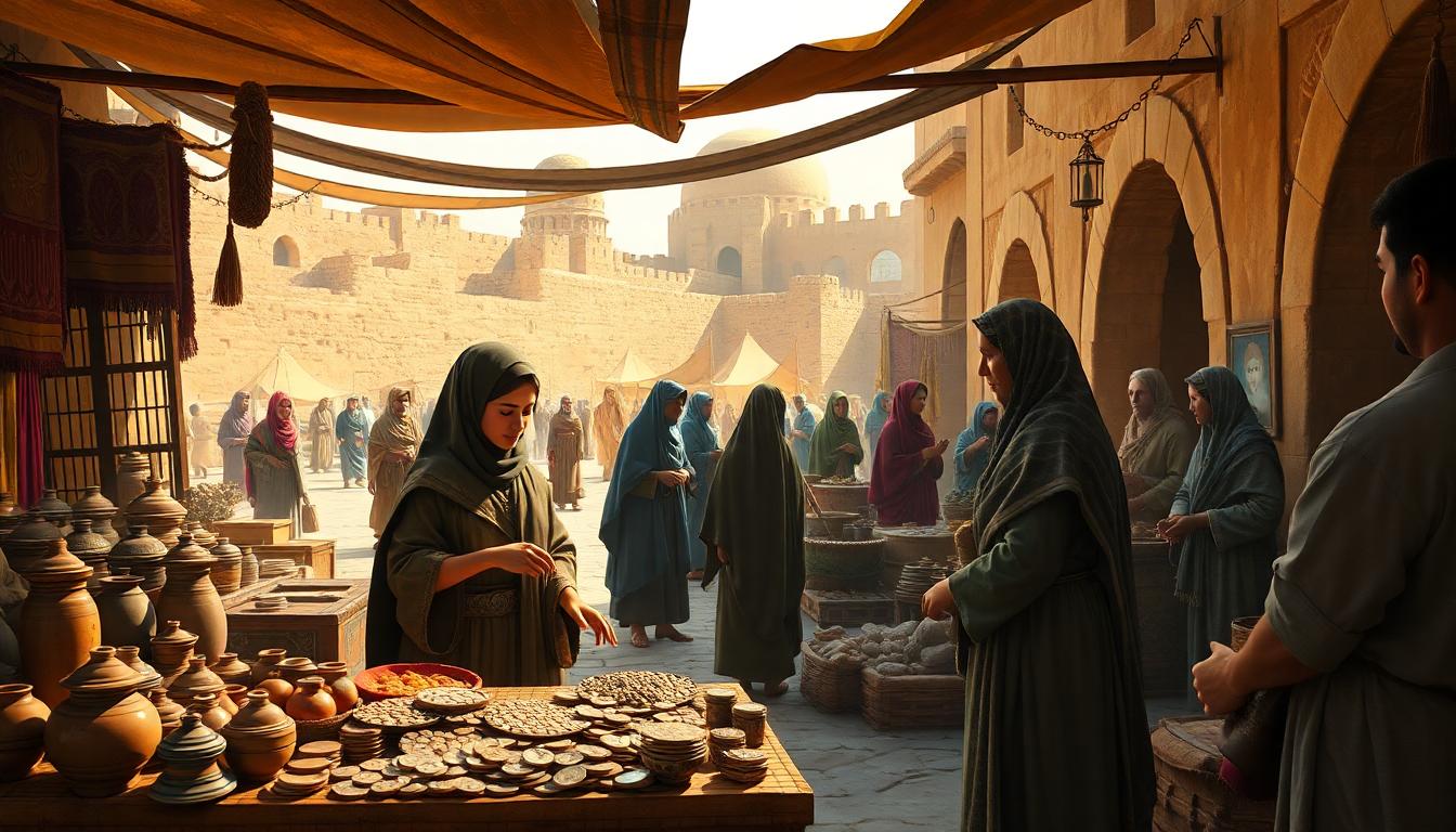 Colorful 7th-century Arab marketplace, with women traders overseeing stalls, negotiating, and leading bustling trade. Image created with AI.