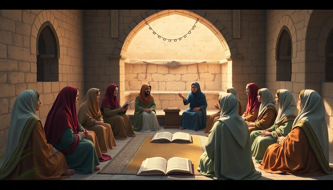 An AI-generated image of a 7th-century Islamic courtyard, with women gathered around a female scholar reading from ancient manuscripts. The atmosphere reflects respect, learning, and community. Image created with AI.