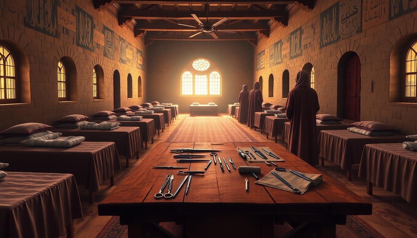 A medieval hospital in Abbasid Baghdad with rows of beds and early surgical instruments, attending physicians in robes. Image generated by AI.