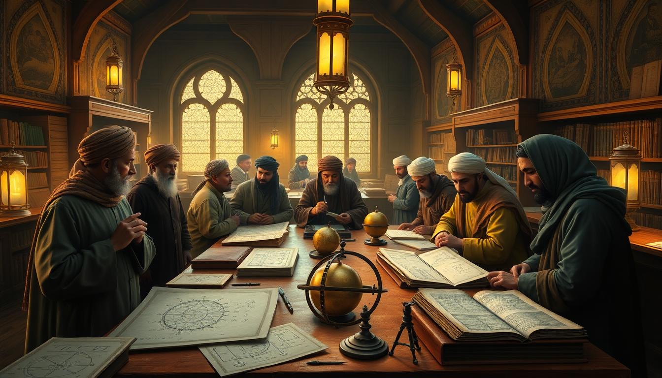 Abbasid scholars studying algebra, astronomy and medicine amidst manuscripts and astrolabes