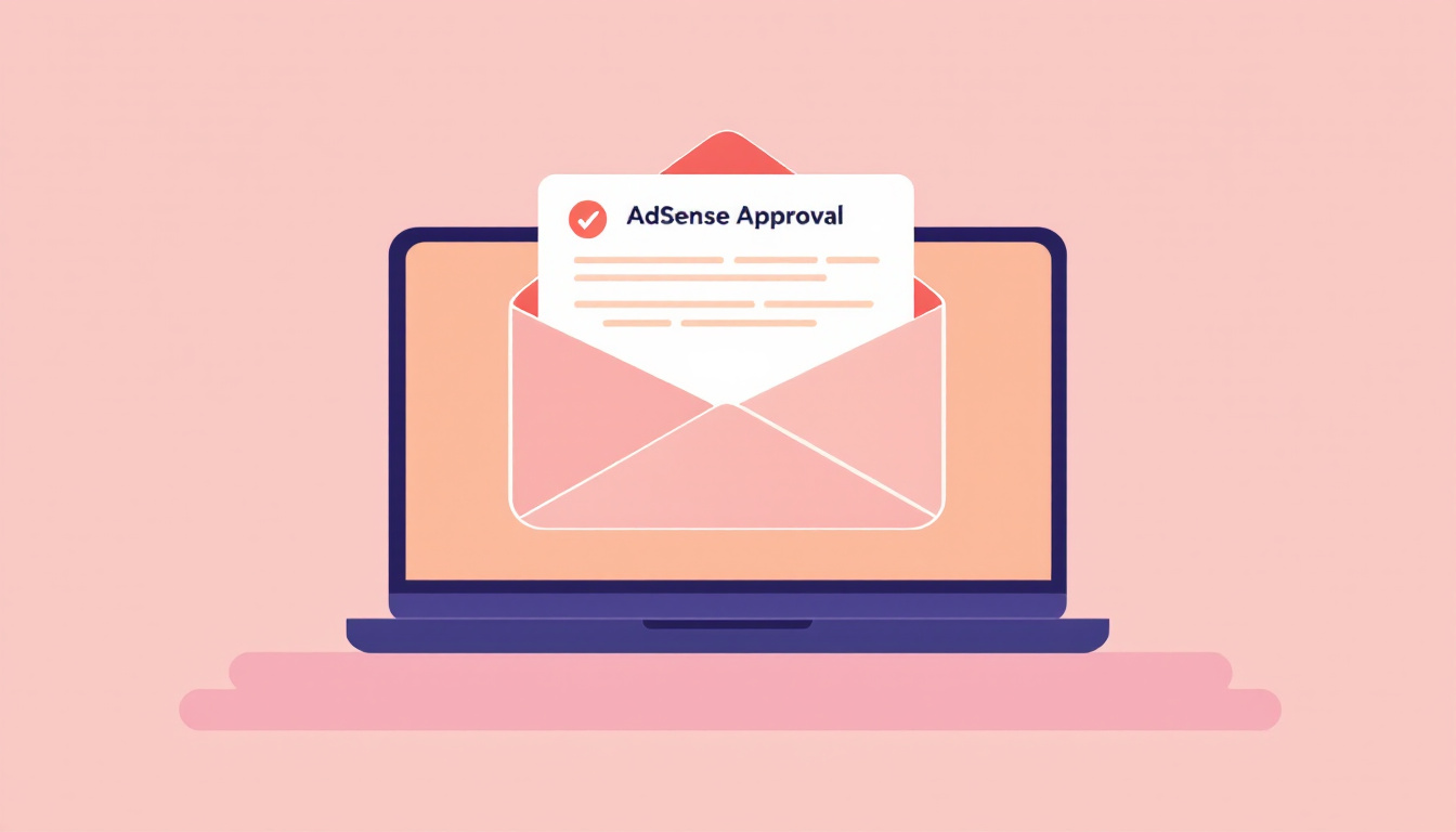 Activation email notification and first steps after AdSense approval. A computer screen shows an inbox with subject 'AdSense Approval' and a checkmark. Image created with AI.