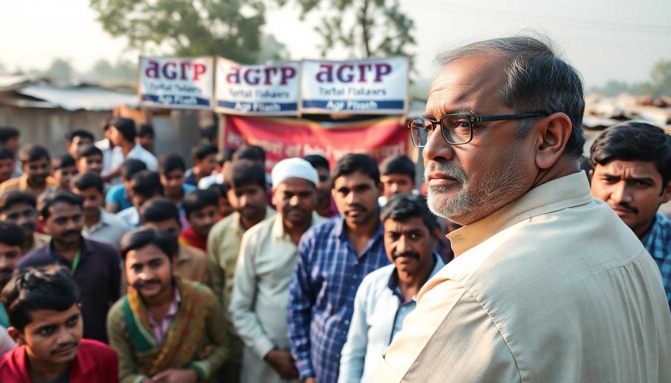 AGP supporters in Kamalpur, a small village crowd listens closely to party leaders, early morning scene, realistic colours – Image created with AI