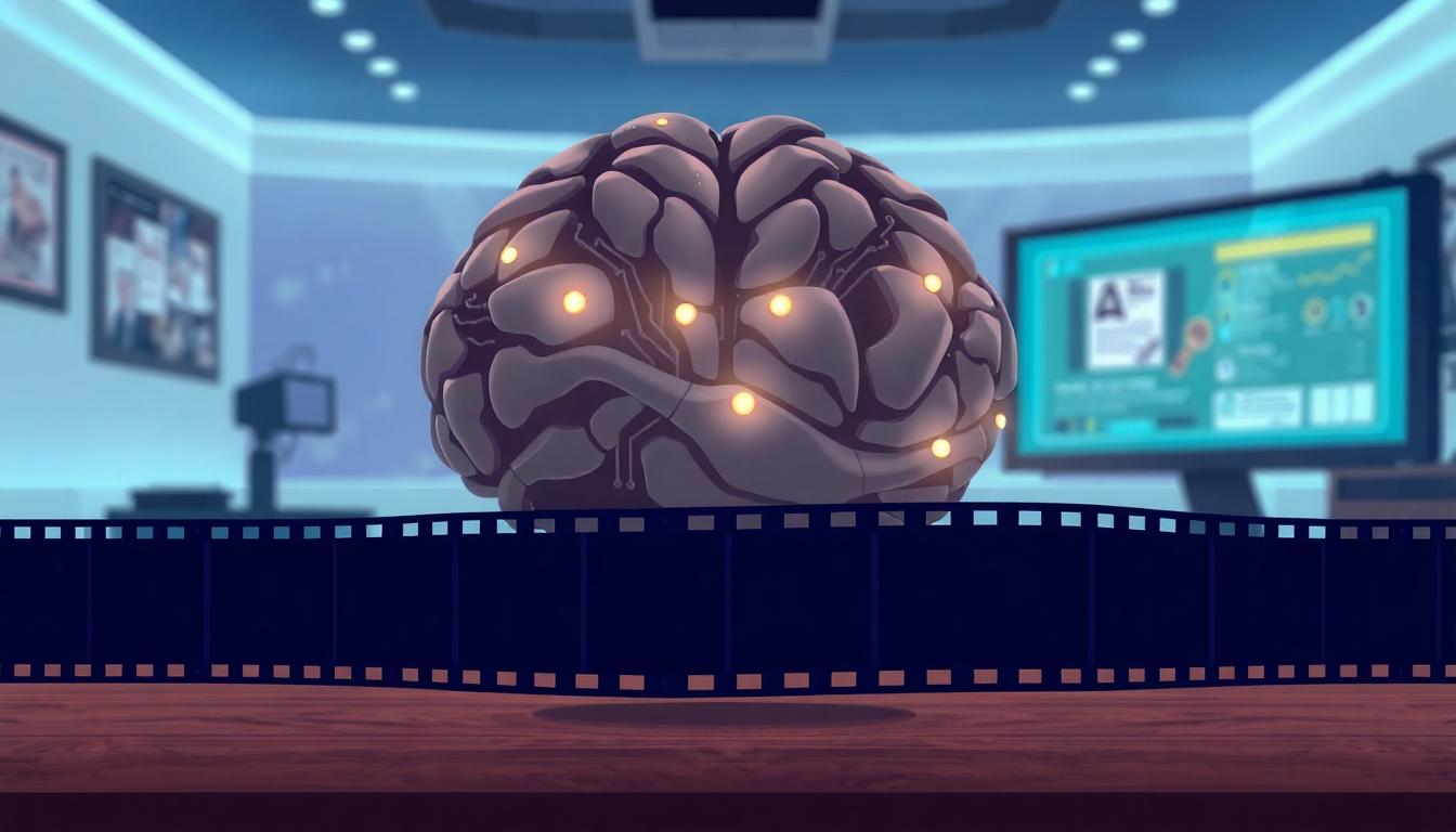 Stylized AI brain with film strip and circuits, symbolizing AI content review - Image created with AI
