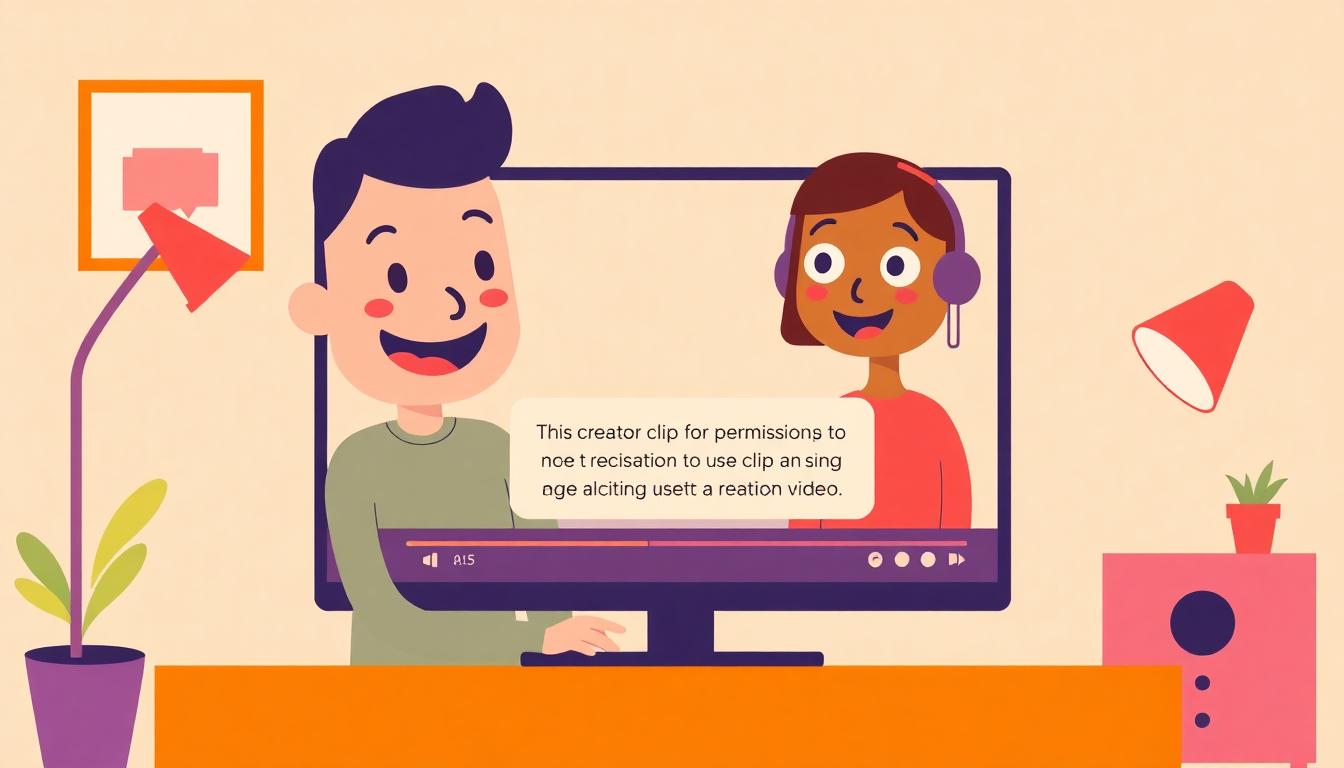 A creator sending a polite permission request message on a smartphone with reaction video icons and credit symbols around