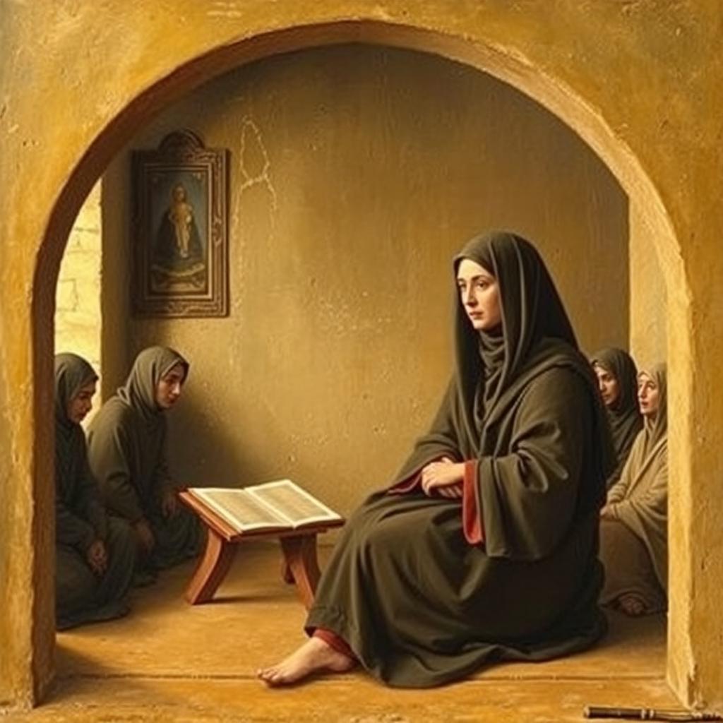 Aisha bint Abu Bakr, scholar and jurist, portrayed in an early Islamic study setting with scrolls and a small audience, warm tones, classic painting style. Image created with AI.