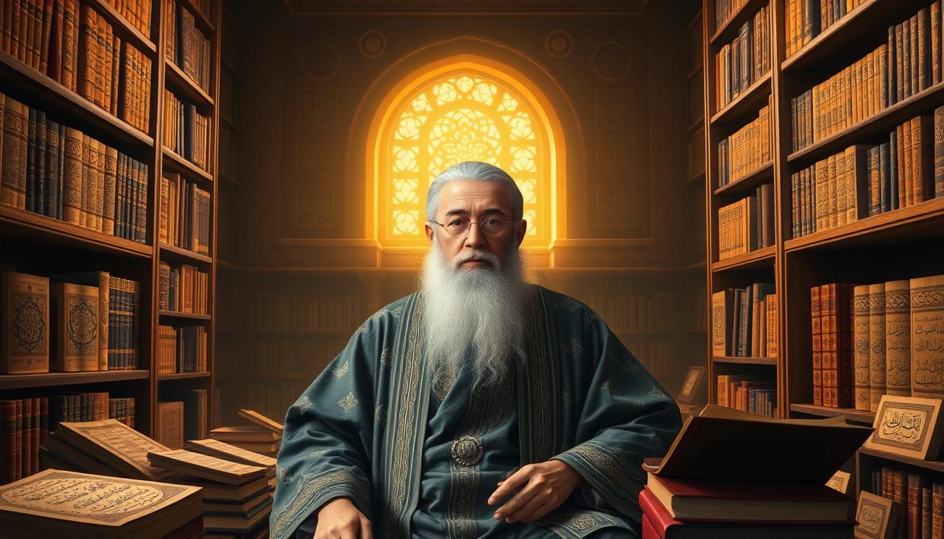 Al-Farabi in a classical library setting, surrounded by philosophical texts, warm amber lighting and intricate calligraphy. Style: Islamic art and Persian tradition. Image created with AI.