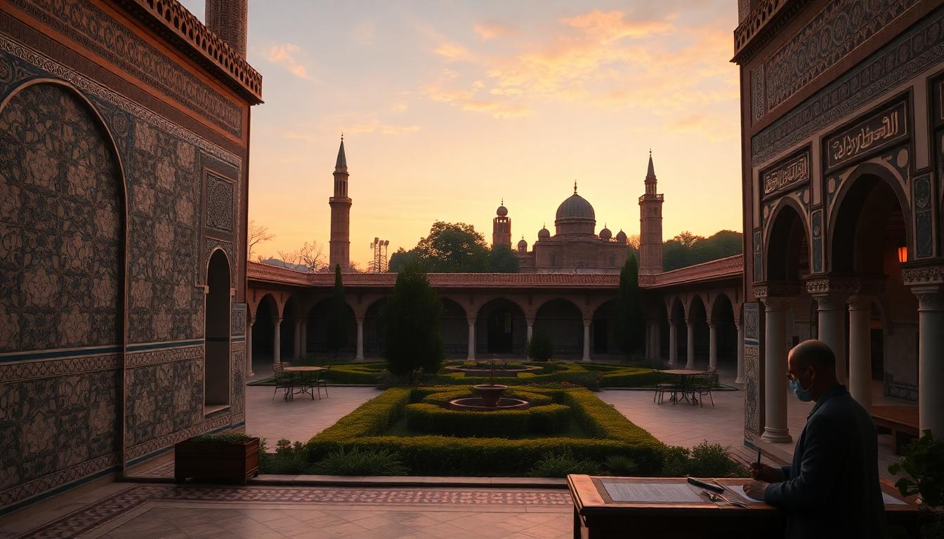 Courtyard in Alhambra style with intricate geometric tiles, Arabic calligraphy, garden, and an artist writing poetry. Image generated by AI.