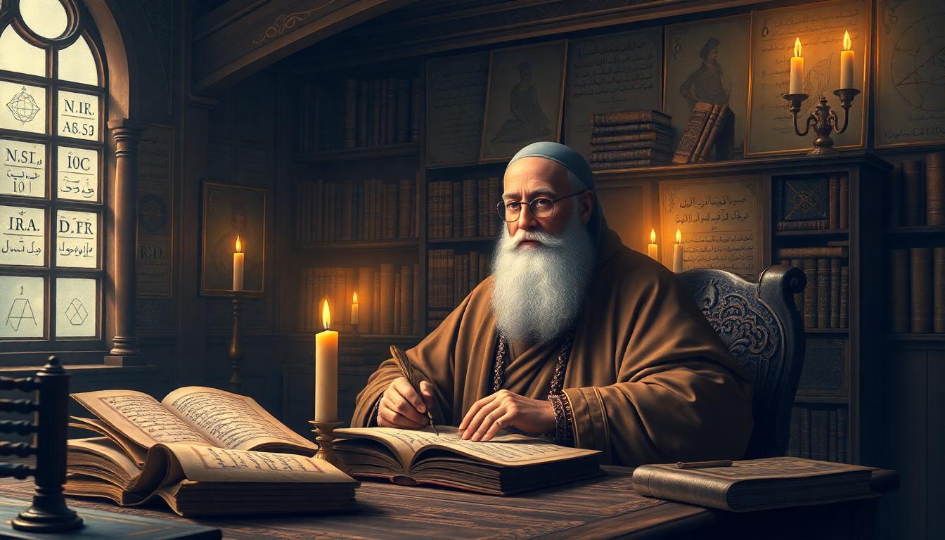 A detailed portrait of Al-Khwarizmi in a medieval study, seated at a desk with parchment manuscripts, chalked algebra diagrams, and glowing candlelight. Style: classical Islamic art. Image created with AI.