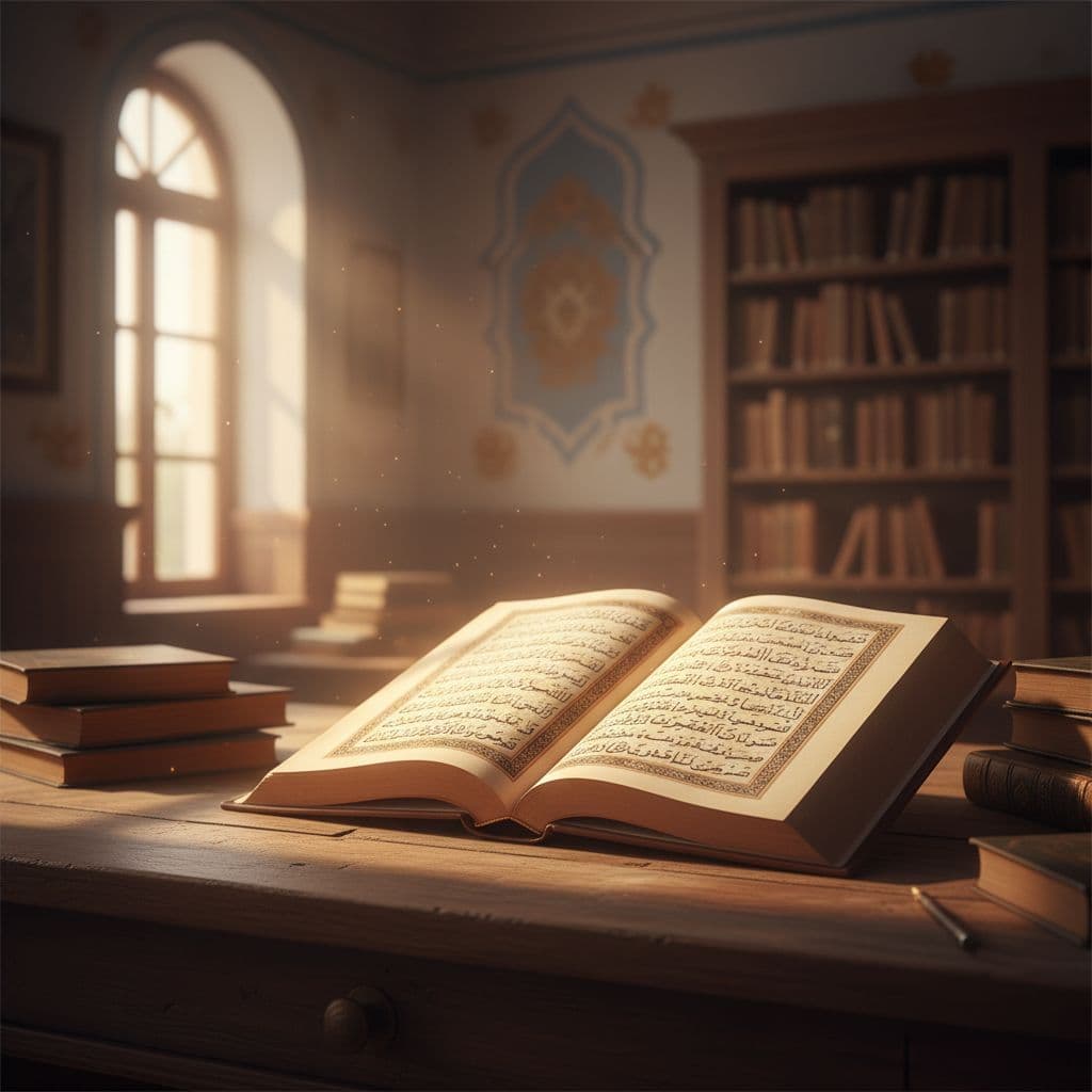 প্রাচীন আরবি পান্ডুলিপি, নরম সূর্যালোকে খোলা পৃষ্ঠা, শান্ত এক লাইব্রেরি ঘর