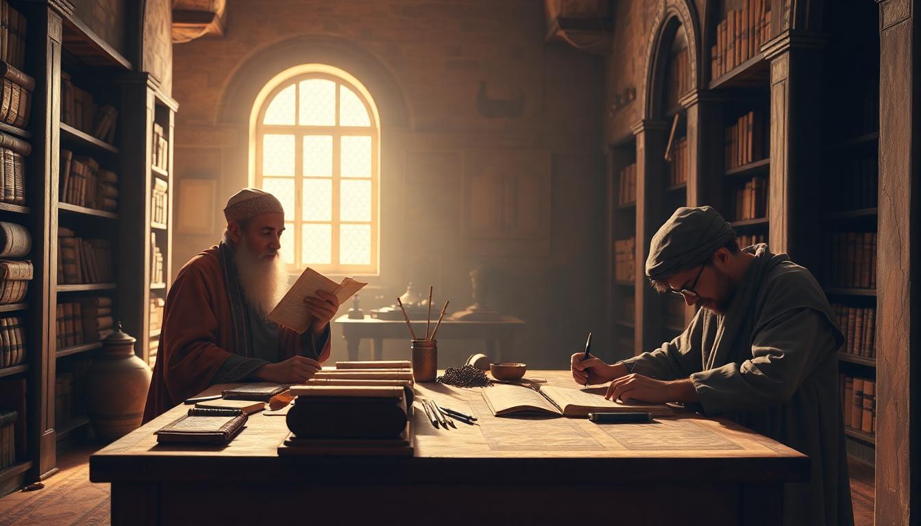Ancient Islamic study scene showing the blend of oral recitation and manuscript writing under warm light