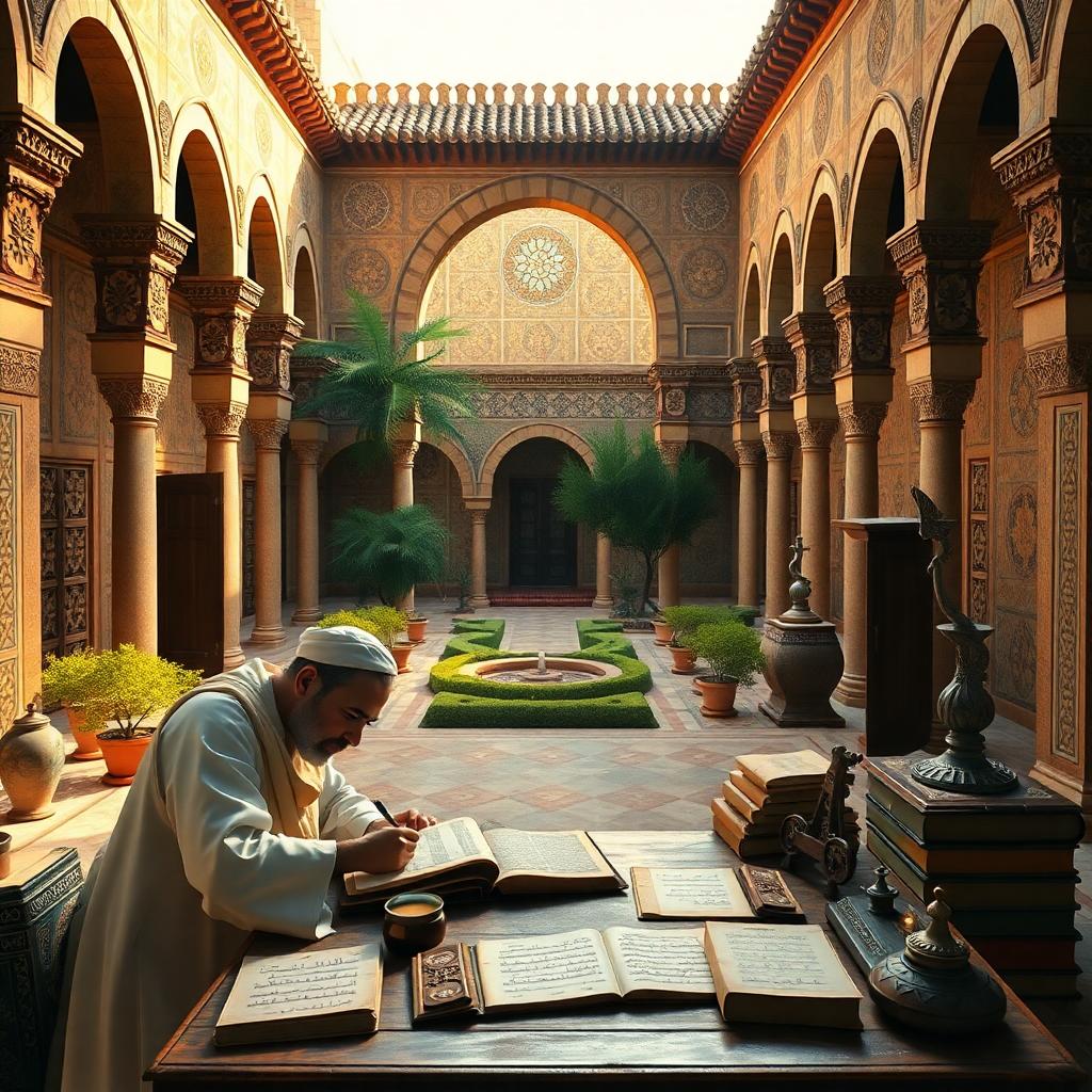 Scholar working with manuscripts in an Andalusian palace courtyard, bathed in golden light