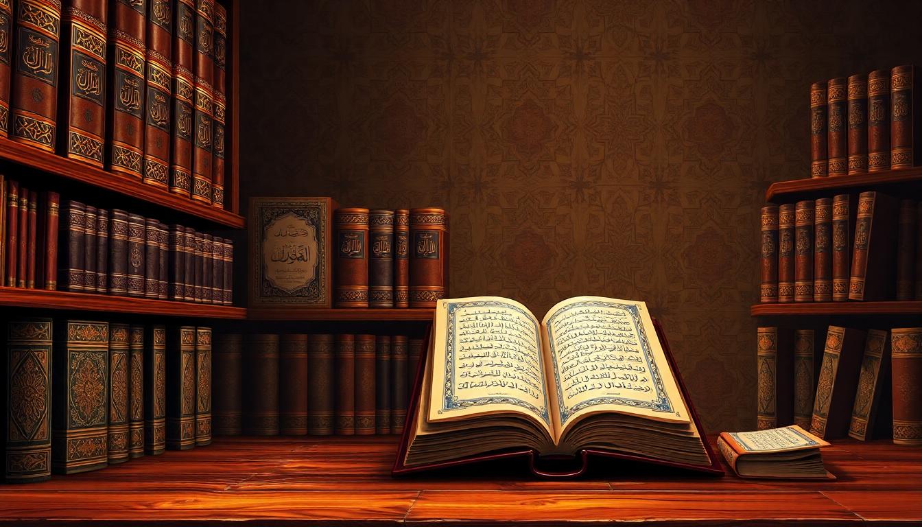 Antique Islamic manuscript shelves with leather bound Hadith volumes