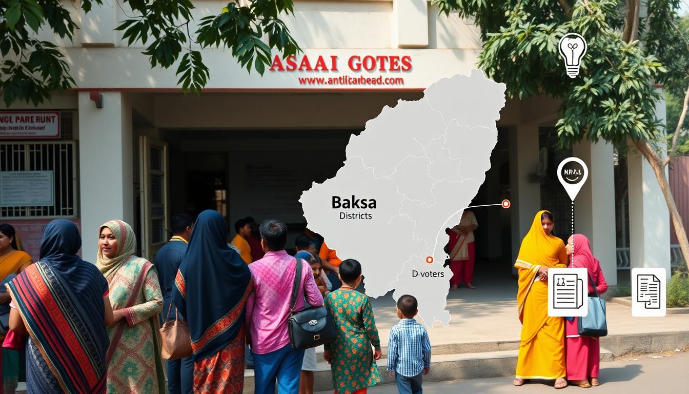 আসাম ও বক্সা জেলার মানচিত্র, সরকারের কাগজপত্র, স্থানীয় পরিবার—ডি-ভোটার সংকটের আইকনসহ ভিজ্যুয়াল (Image created with AI)