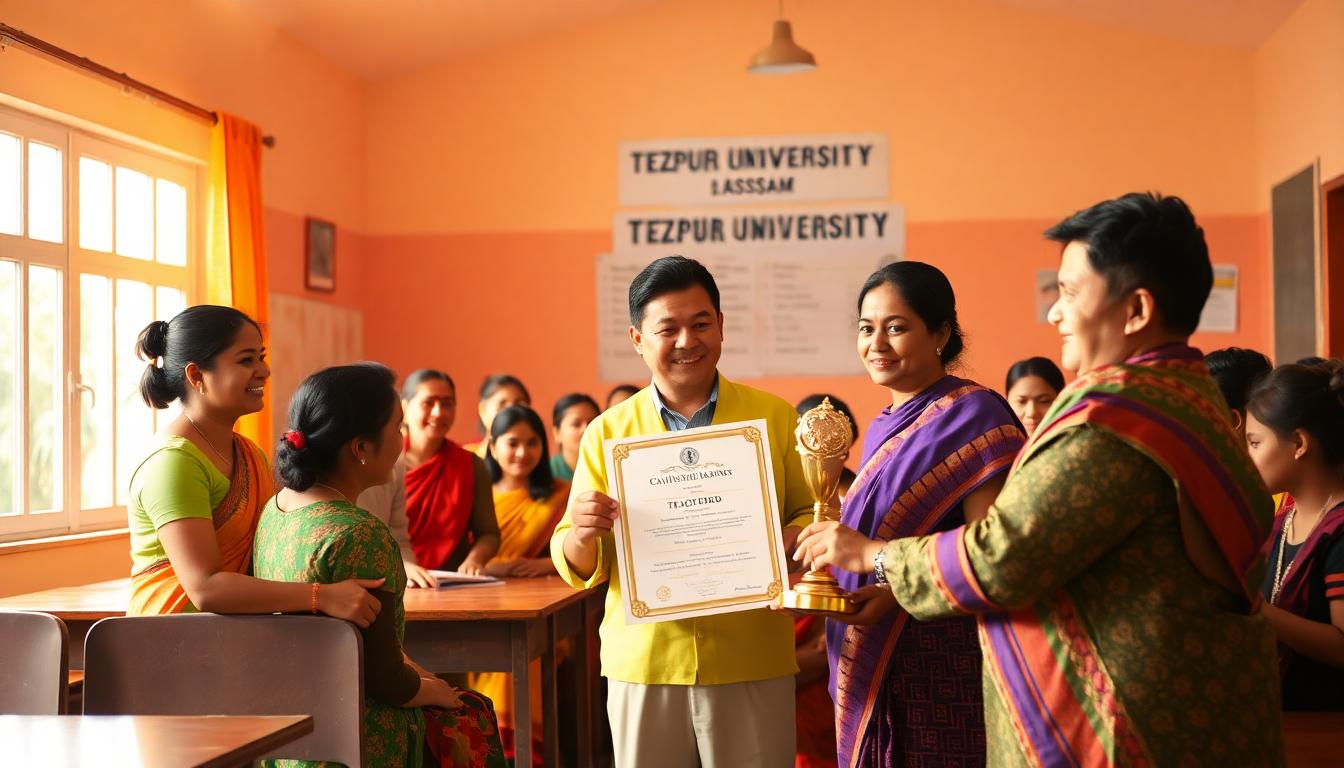 Teacher receiving the Assam State Award in a bright classroom at Tezpur University ceremony