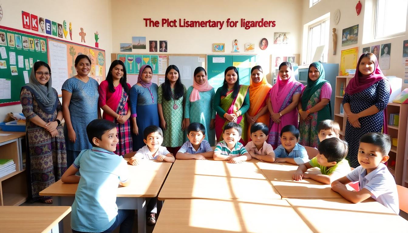 Elementary school teachers with young children in a bright classroom environment, engaging in group learning and reading