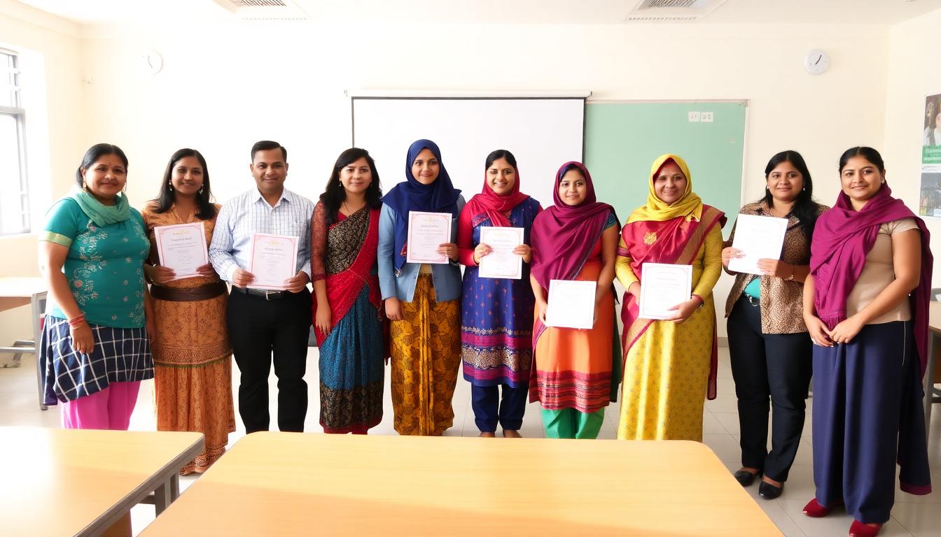Group of secondary school teachers from Assam holding awards in a school setting, smiling and celebrating their achievement