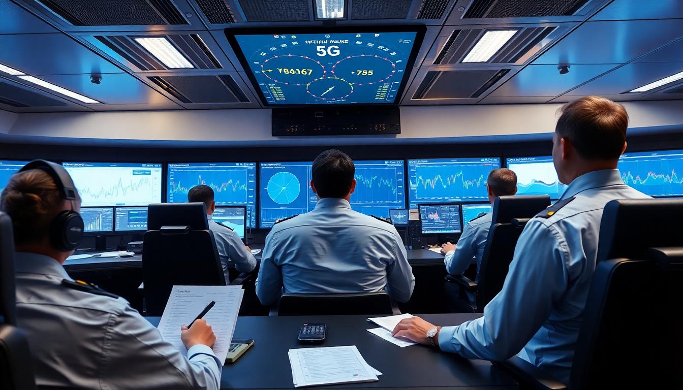 Aviation operations control room showing fatigue risk management dashboards on multiple screens, crew monitoring procedures being reviewed. Image created with AI.