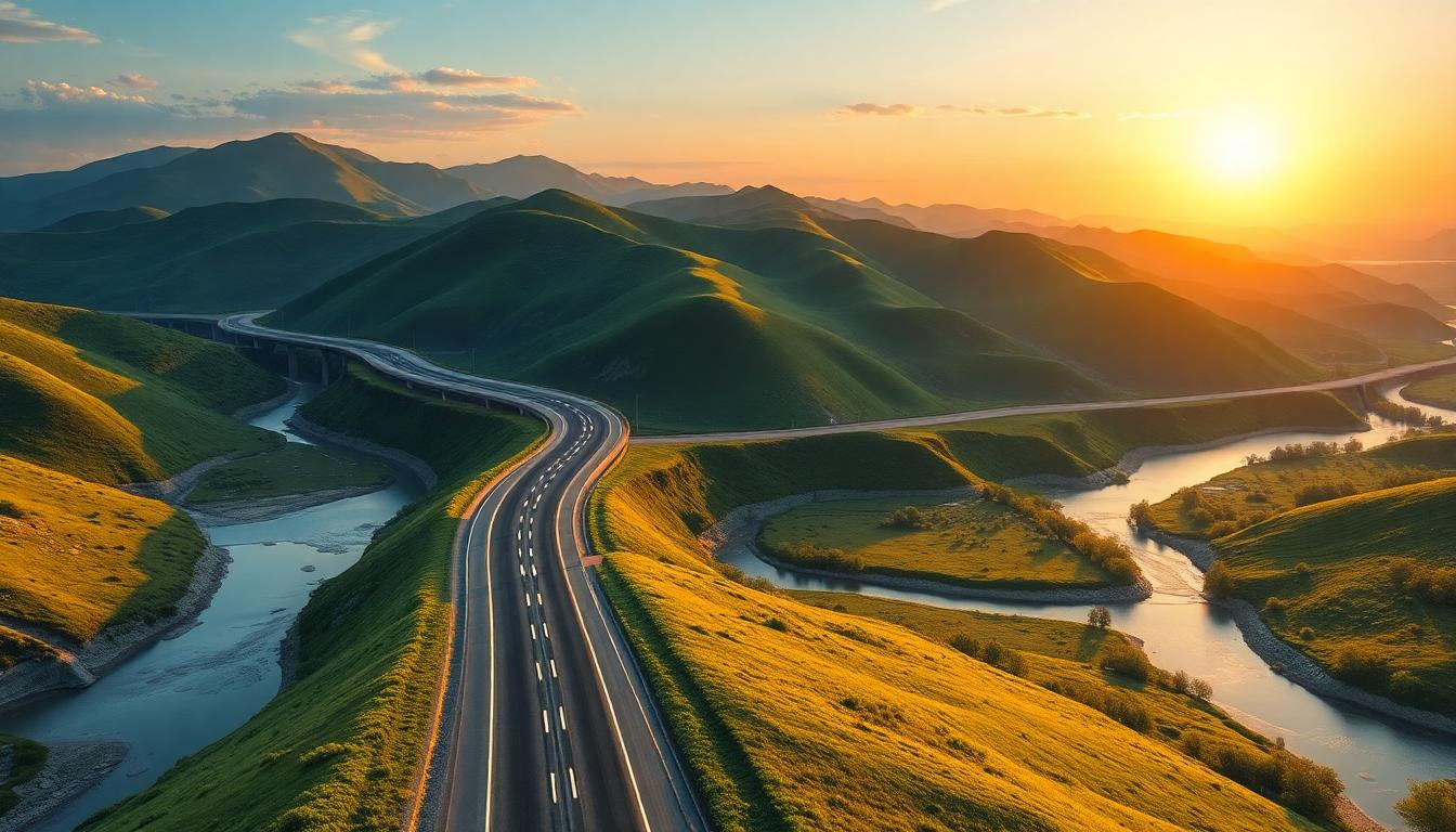 বারাক উপত্যকায় আধুনিক ফোর লেন হাইওয়ে, সবুজ পাহাড়, নদী ও সূর্যোদয় – AI দ্বারা নির্মিত ছবি