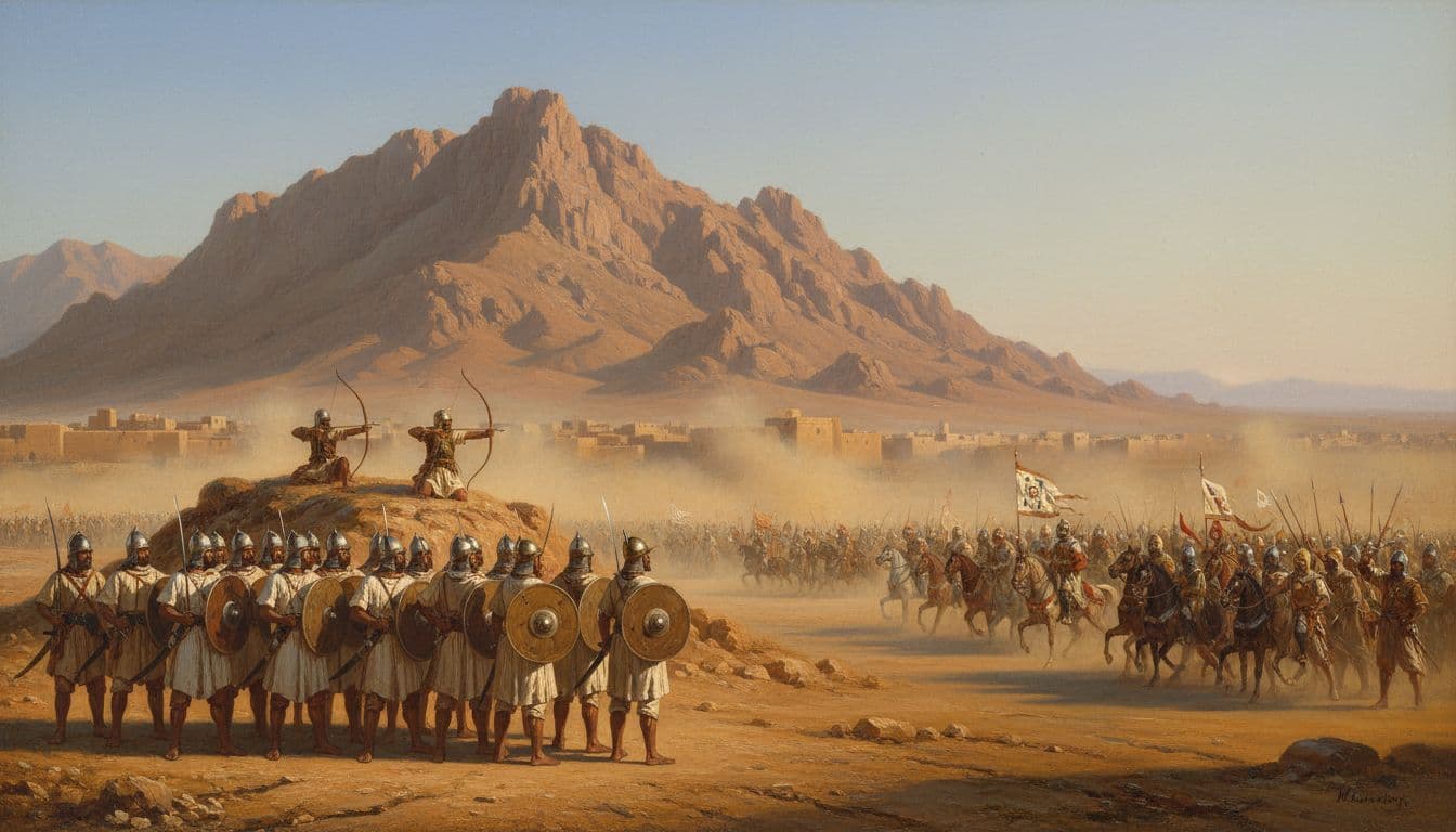 উহুদের যুদ্ধের সকাল: মুসলিম বাহিনী পিঠে উহুদ পাহাড় রেখে সারিবদ্ধ, সামনে কুরাইশ বাহিনী, ধুলোমাখা ময়দান, নীল আকাশ। Image created with AI