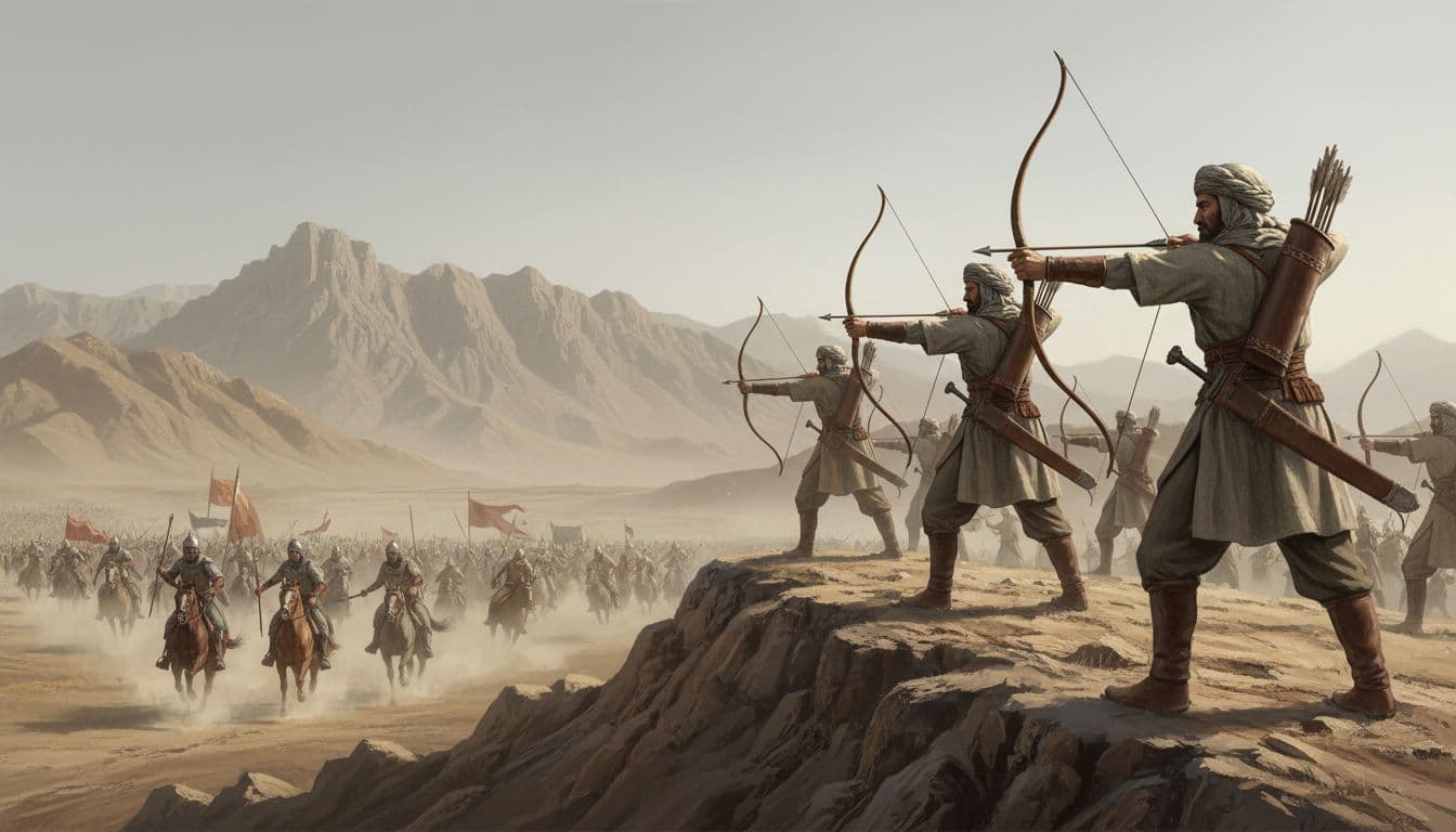 তীরন্দাজদের কৌশলগত পোস্ট: আবদুল্লাহ ইবন জুবাইর রাঃ এর নেতৃত্বে ৫০ জন তীরন্দাজ, নিচে শত্রুর অশ্বারোহী, দূরে উহুদ। Image generated by AI