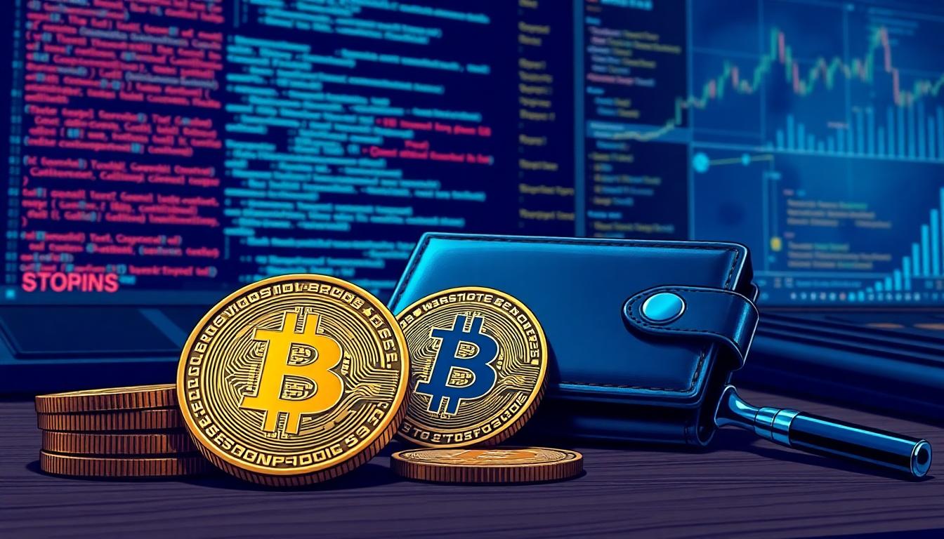 Bitcoin coins and digital wallet with blockchain background