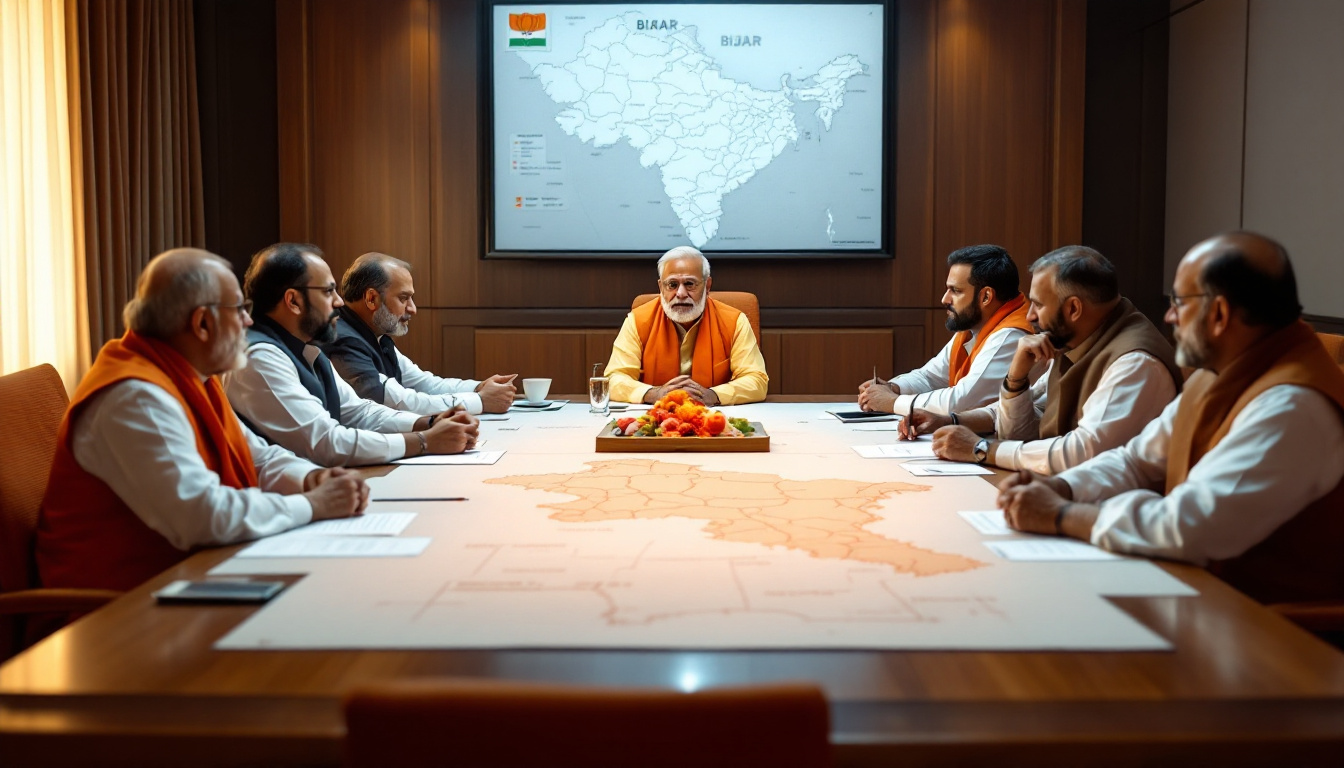 A high-detail image of BJP leaders in a tense Delhi strategy meeting, Bihar map visible on the wall. Image generated by AI.