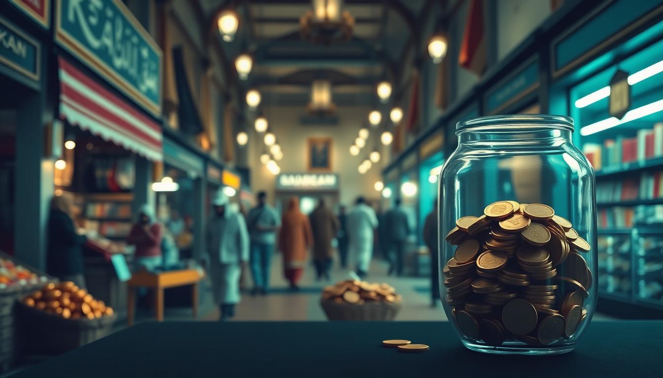 A bustling modern marketplace scene, where merchants trade honestly and a transparent zakat jar is visible. Digital and traditional elements mix, highlighting fair wealth practice. Image created with AI.