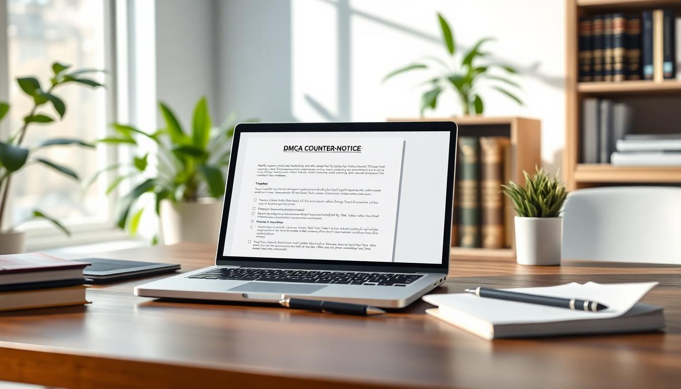 A calm, organized desk with legal documents, a laptop, pen, and plant in soft daylight, capturing the mood of thoughtful confidence during copyright disputes. Image created with AI.