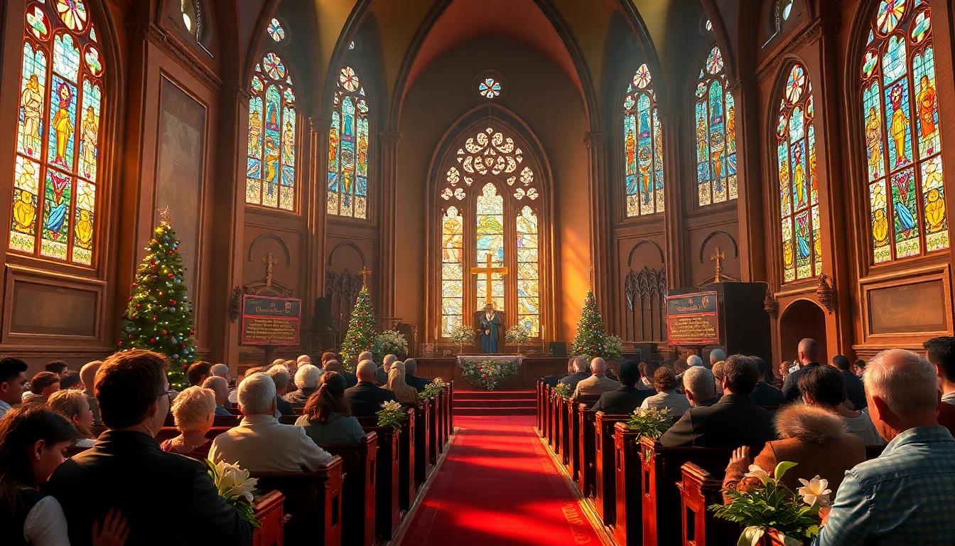 খ্রিষ্টান গির্জায় বড়দিন ও ইস্টারের পালা, stained glass জানালা, উৎসবমূখর পরিবেশ। ছবি AI দ্বারা তৈরি